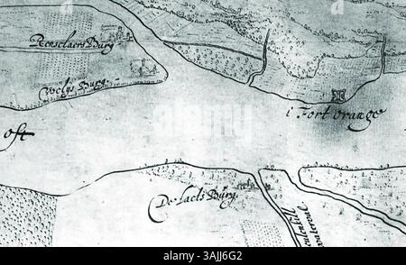 Jacob van Ruisdaels Gemälde „Eine Flusslandschaft mit Wasserfall“ aus dem Jahr 1660 fängt die natürliche Schönheit einer Landschaft mit einem Wasserfall, Bäumen und einem fließenden Fluss ein. Das Öl auf Leinwand, das im Phoenix Art Museum untergebracht ist, ist ein Paradebeispiel für Ruisdaels Meisterschaft in der Landschaftsmalerei. Stockfoto