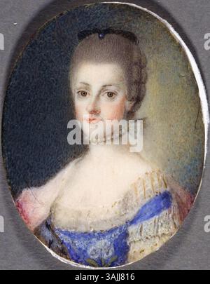 Dieses Miniaturporträt, das einem nicht identifizierten Künstler zugeschrieben wird, zeigt die Erzherzogin Marie Christine von Österreich. Das Kunstwerk aus dem 18. Jahrhundert befindet sich in der Hofburg und ist ein schönes Beispiel für Miniaturporträts aus dieser Zeit. Stockfoto