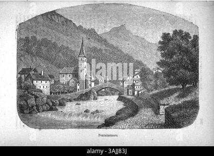 Der Stich von Edouard Aubert zeigt Fontainemore und zeigt die Architektur und Landschaft des Dorfes. Das Werk wurde vor 1877 geschaffen und betont die ländliche Umgebung und die umliegende natürliche Schönheit. Stockfoto