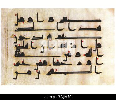 Dieses Folio aus der gestohlenen Koran-Manuskript des Pars-Museums aus dem 9. Jahrhundert enthält exquisite islamische Kalligraphie. Stockfoto