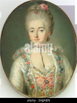 Dieses Aquarellporträt auf Pergament aus dem Jahr 1770 zeigt eine Adelsfrau, vermutlich Maria Carolina von Österreich (1752–1814), Tochter von Maria Theresia. Sie trägt ein weißes Kleid mit gestickten Kanten und eine rosa Rose im Haar. Stockfoto