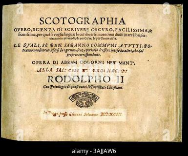 Scotographia von Abramo Colorni (1593) ist ein Werk in der Biblioteca Teresiana von Mantua, Italien. Das Buch befasst sich mit Kryptographie-Methoden und spiegelt die wissenschaftlichen Interessen der Spätrenaissance wider. Stockfoto