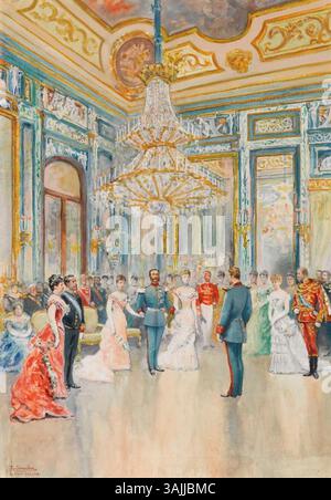 Dieses Aquarell von Juan Comba García aus dem Jahr 1908 erinnert an die Hochzeit von Infantin Maria de la Paz von Spanien und Prinz Ludwig Ferdinand von Bayern im Jahr 1883, zusammen mit einem Militärmanöver mit Prinz Adalbert von Bayern und Infante Francisco de Paula von Spanien. Stockfoto