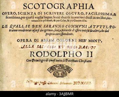 Dieses zugeschnittene Bild aus Abramo Colornis „Scotographia“ (1593) zeigt einen Teil des kryptografischen Rades. Es ist Teil eines Manuskripts in der Biblioteca Teresiana, Mantua. Stockfoto