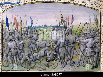 Diese Illustration zeigt die Schlacht von Crecy im Jahr 1346, einen wichtigen Konflikt während des Hundertjährigen Krieges zwischen englischen und französischen Truppen. Die Szene ist Teil des Manuskripts MS 659 aus dem 15. Jahrhundert. Stockfoto