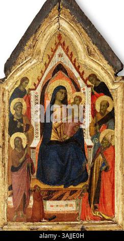 Das Kunstwerk von Taddeo Gaddi (1300–1366) zeigt die thronende Madonna und das Kind, umgeben von den Heiligen Johannes dem Täufer, Peter, Paulus, Zenobius und zwei Engeln. Im Folgenden sind zwei Spender aufgeführt. Die um 1330 entstandene Tempera- und Goldmalerei befindet sich im Königsschloss in Warschau. Stockfoto