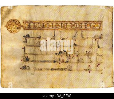 Ein Folio aus dem 9. Jahrhundert aus dem gestohlenen Kufic-Koran-Manuskript des Pars-Museums, das 2004 bei Sotheby's versteigert wurde. Dieses Stück enthält ein sorgfältig gefertigtes Kufic-Skript. Stockfoto
