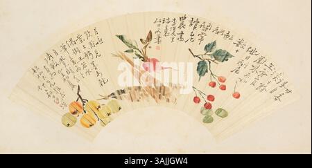 Ein Fächergemälde im Palastmuseum, das komplizierte Pinselarbeiten und die künstlerischen Traditionen der Qing-Dynastie zeigt. Stockfoto