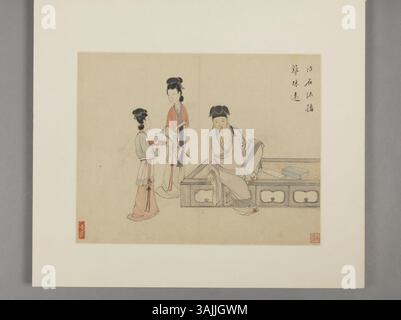 Dieses Kunstwerk von Xiao Chen, das im Palastmuseum ausgestellt ist, stellt traditionelle chinesische Maltechniken dar und zeigt detaillierte Landschaften und symbolische Elemente, die die historische chinesische Kultur widerspiegeln. Stockfoto