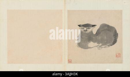 Dieses Werk von Bada Shanren, das im Palace Museum ausgestellt wurde, veranschaulicht seinen unverwechselbaren Pinselstil und seine Fähigkeit, tiefgreifende Themen durch traditionelle chinesische Tuschmalerei zu vermitteln. Stockfoto