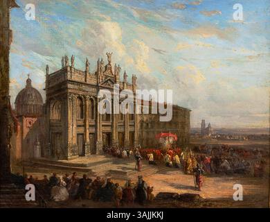 Dieses Gemälde von Eugène Isabey aus dem Jahr 1850 zeigt den päpstlichen Besuch von Papst Pius IX. In San Giovanni Laterano in Rom. Das Kunstwerk fängt die bedeutende Präsenz des Papstes und die religiöse und politische Atmosphäre dieser Zeit ein. Stockfoto