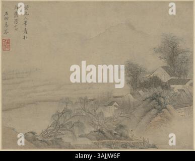 Dieses chinesische Gemälde, das im Palastmuseum ausgestellt ist, zeigt klassische Pinselarbeiten und künstlerischen Ausdruck, mit einem Schwerpunkt auf Naturlandschaften und historischen Themen. Stockfoto