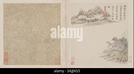 Dieses Gemälde von Dong Qichang, einem prominenten chinesischen Künstler aus der späten Ming-Dynastie, ist Teil der Sammlung des Palastmuseums. Es spiegelt Dongs Beherrschung traditioneller chinesischer Pinselarbeiten und seinen einzigartigen Beitrag zur Landschaftsmalerei wider. Stockfoto