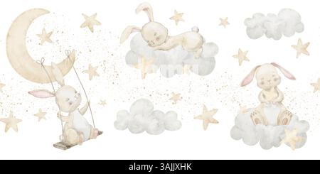 Aquarellillustration mit schlafenden Häschen auf Wolken und Halbmond. Nahtloser Rand mit niedlichen Kaninchen für Kindertagetapeten in Pastellfarben. Muster mit Hase für Babyduschen. Stockfoto
