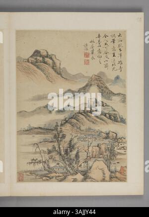 Dieses chinesische Gemälde in der Sammlung des Palastmuseums veranschaulicht die Verwendung traditioneller Pinselarbeiten und Tuschentechniken. Die Arbeit beschäftigt sich mit historischen und landschaftlichen Themen, die für die chinesische Kunst und das kulturelle Erbe von zentraler Bedeutung sind. Stockfoto