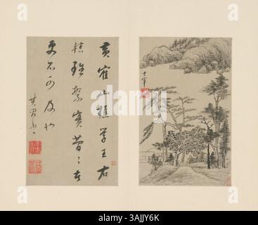 Dong Qichang (1555–1636), ein bekannter Maler und Theoretiker der Ming-Dynastie, ist ein Beispiel für die „Südliche Schule“ der Landschaftsmalerei. Sein Werk „12 Dong Qichang“ zeigt sein charakteristisches kalligraphisches Pinselwerk und abstrakte Formen, die seine Philosophie „wunderbar in der Synthese, göttlich bei der Abreise“ widerspiegeln. Dieses Stück ist Teil der Sammlung des Palastmuseums. Stockfoto