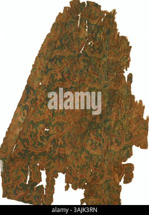 Eine weitere Version des Shu-Brokats, bekannt als der „Brokat der ewigen felicity und des leuchtenden Lichts“, wurde in einem Grab in Kroraina, chinesisch-Turkestan, aus dem 1. Bis 3. Jahrhundert n. Chr. entdeckt. Ähnliche Motive finden sich in Kunstwerken wie den Fresken des Klosters Alchi, die königliche Szenen und symbolische Bilder darstellen. Stockfoto