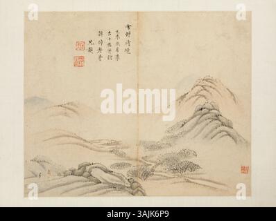 Ein chinesisches Gemälde von Shen Hao (1586–), das im Palace Museum ausgestellt wurde und seine charakteristischen Pinselarbeiten und Landschaftstechniken zeigt. Stockfoto