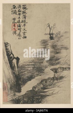 Shitao (–1707), ein bekannter chinesischer Künstler, schuf dieses Stück, das im Palace Museum ausgestellt wurde, und veranschaulicht seine meisterhafte Verwendung von Pinsel- und Tuschentechniken in der traditionellen chinesischen Landschaft und Figurenmalerei. Stockfoto