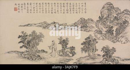 Dieses Gemälde der Qing-Dynastie von Dong Bangda, das im Palastmuseum ausgestellt ist, zeigt die Meisterschaft des Künstlers in der Pinselarbeit und seine Fähigkeit, das Wesen der chinesischen Kultur und Natur einzufangen. Stockfoto