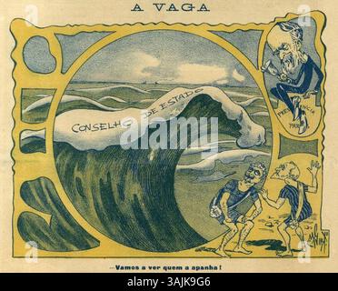 Manuel Gustavo Bordalo Pinheiros Zeichentrickfilm „A Vaga“ aus dem Jahr 1901 satirisiert humorvoll die Situation um ein vakantes Amt im Staatsrat. Die Illustration zeigt zwei Männer am Strand, die eine nahende Welle ergreifen, was politisches Manövrieren symbolisiert. Pinheiros Werk kritisiert politische Prozesse durch scharfen Witz und Satire. Stockfoto
