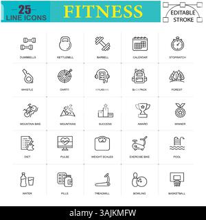 Fitnesslinien-Symbole – Symbole für Fitnessstudio, Sport und Workout für Athleten und gesunden Lebensstil (editierbarer Schlaganfall) Stock Vektor