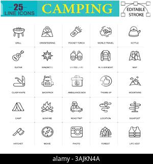 Camping Line Symbol Set - Reise, Wandern, Outdoor Abenteuer Essentials, Editierbare Strichvektor Illustration Stock Vektor