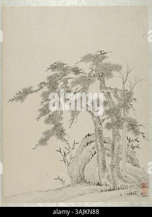 Ein traditionelles chinesisches Gemälde, das im Palastmuseum gezeigt wird und Natur und Landschaften mit meisterhafter Tinte und Pinseltechnik zeigt. Stockfoto