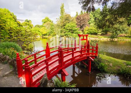 Malerischer Blick im japanischen Garten mit traditioneller roter Holzbrücke über Teich im Frühling in Frankreich Stockfoto