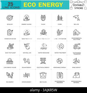 Symbole für erneuerbare Energien und Umwelt – editierbares Vektorset für Ökologie und Umweltschutz Stock Vektor