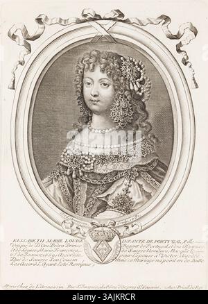 Dieser Stich von Nicolas de Larmessin aus dem Jahr 1680 zeigt Isabel Luísa von Portugal, Tochter von Pedro II. Von Portugal und Maria Francisca von Savoyen, und zeigt ihren Adelsstand und ihre königliche Kleidung im 17. Jahrhundert. Stockfoto