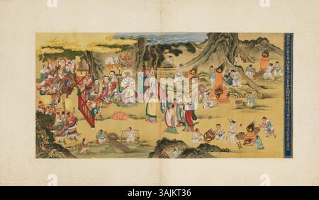 Dieses chinesische Gemälde, das im Palastmuseum ausgestellt ist, ist ein Beispiel für traditionelle Pinsel- und Tuschentechniken, das den kulturellen und historischen Reichtum seiner Zeit einfängt. Stockfoto