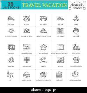 Satz mit 25 Symbolen für Travel Vaction Line mit bearbeitbarem Hub. Geeignet für Web, Infografiken und Apps. Isoliert auf weißem Hintergrund. Stock Vektor