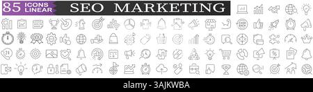 Symbolsatz für SEO und Digital Marketing Line || 85 Symbole für Online-Business und Analytics Stock Vektor