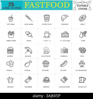 Einstellung der Symbole für Fast Food-Vektorlinien. Burger, Donut, Pommes frites, Hot Dog, Getränk, Pizza, Eis und mehr. Bearbeitbare Piktogramme für Vektorkonturen. Stock Vektor