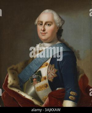 Dieses Ölporträt aus der Zeit um 1760 zeigt Prinz Georg Wilhelm von Hessen-Darmstadt in seiner königlichen Präsenz. Gemalt von Johann Christian Fiedler ist es ein Beispiel für das europäische Porträt des 18. Jahrhunderts. Stockfoto
