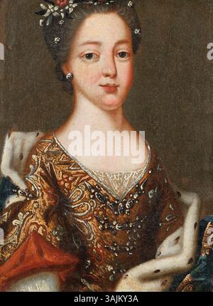 Dieses Gemälde aus der Französischen Schule aus dem Jahr 1720 zeigt eine französische Prinzessin in einem Hermelin-Mantel, der mit einer Fleur-de-Lis verziert ist, die ihren edlen Status symbolisiert. Das Porträt fängt die königliche Eleganz der französischen Aristokratie des 18. Jahrhunderts ein. Stockfoto