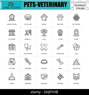 Haustiere und Veterinärlinien-Symbole – 25 bearbeitbare Stroke Vector-Symbole für Tierpflege und Haustierdienste. Bearbeitbare Piktogramme für Vektorkonturen. Abbildung EPS Stock Vektor