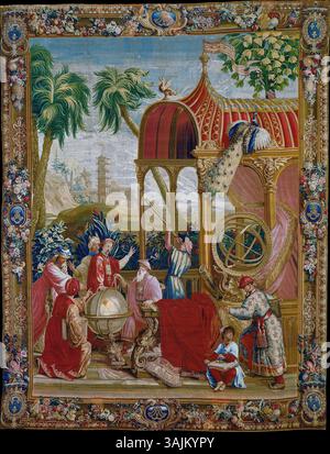 Ein Wandteppich der Beauvais Manufaktur, hergestellt zwischen 1697 und 1705, zeigt chinesische Astronomen am Pekinger Alten Observatorium mit europäischen Instrumenten, die von Jesuiten 1644 mitgebracht wurden. Dieses Kunstwerk stellt den wissenschaftlichen Austausch zwischen Europa und China dar. Stockfoto