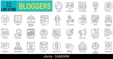 Symbole für Blogger-Zeilen festgelegt. Influencer, Inhalte, Erstellung, Like, Vlogging, Blog, Vlogger, soziale Medien, Follower und mehr. Stock Vektor