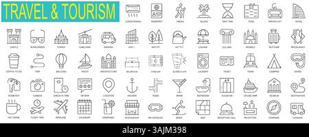 Set aus dünnen Symbolen für Reisen und Tourismus. Große UI-Symbolgruppe in einem flachen Design. Symbolpaket für dünne Konturen. Vektorabbildung Stock Vektor