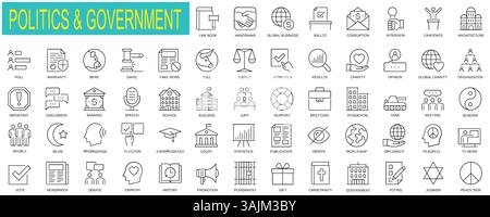 Set aus politischen und staatlichen Web-Ikonen in dünner Linienform. Statistikpaket, Diplomatie, tv-Nachrichten, Debatte, Wahlen, Korruption, Abstimmung, Othe Stock Vektor