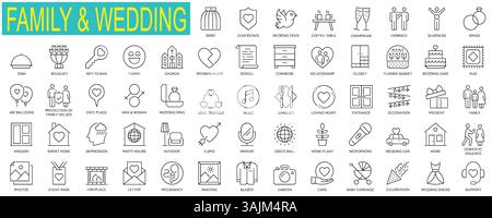 Set mit Websymbolen für Familie und Hochzeit im Umrissdesign. Paket von Beziehung, Liebesdreieck, Bankett, Kirche, Blumenstrauß, Pflege, Unterstützung, Fotos usw. Stock Vektor