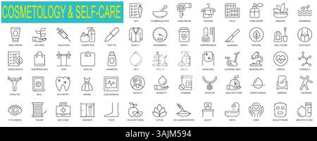 Set aus Kosmetik- und Selbstpflegesymbolen im dünnen Design. Packung von Schönheit, Vitamin, Schmuck, gesunde Lebensmittel, Feuchtigkeit spendend, Zahnmedizin, Fitness, Stock Vektor