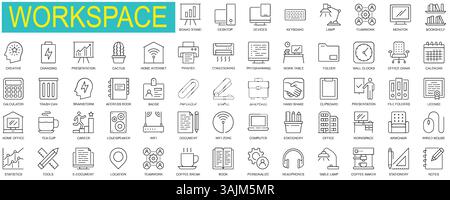 Set von Workspace Web-Symbolen in dünner Linienkonstruktion. Paket mit Büro, Arbeitsplatz, Computer, Teamwork, Statistik, Tools, Brainstorming, Präsentation, Dokument. Stock Vektor