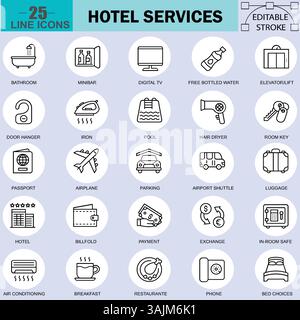 Symbolsatz Hotel Services – 25 bearbeitbare Liniensymbole für Gastgewerbe, Reisen, Buchung und mehr für Apps und UI-Design Stock Vektor