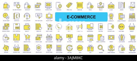 E-Commerce-Symbolsatz: Wichtige Online-Shopping- und Zahlungssymbole für das Internet. Stock Vektor