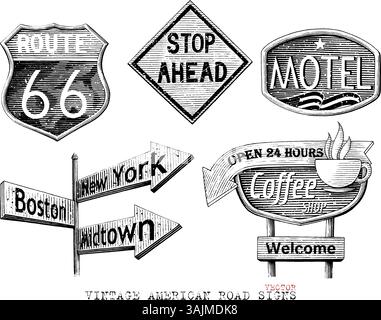 Vintage-amerikanische Straßenschilder, handgezeichnet, schwarz-weiße ClipArt Stock Vektor