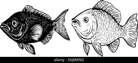 Zwei stilisierte Fischillustrationen, eine schwarz und die andere weiß. Der schwarze Fisch hat detaillierte Schuppen und Flossen, während der weiße Fisch einen strukturierten Körper und markante Augen aufweist. Stock Vektor