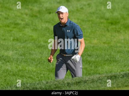 Sonntag, 25. Juni 2017: Jordan Spieth reagiert, nachdem er in der Finalrunde der Travelers Golf Championship im TPC River Highlands in Cromwell, Connecticut, Birdie im ersten Playoff-Loch gemacht hat. Gregory Vasil/CSM(Kreditbild: &Copy; Gregory Vasil/CSM via ZUMA Wire) Stockfoto